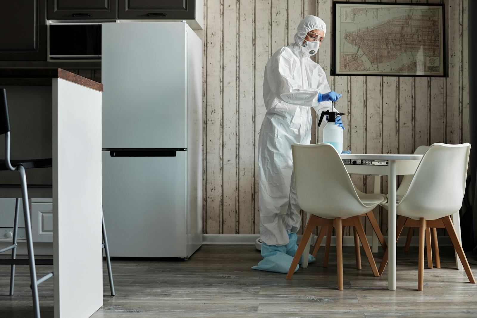 Protective-suit technician disinfecting an indoor space